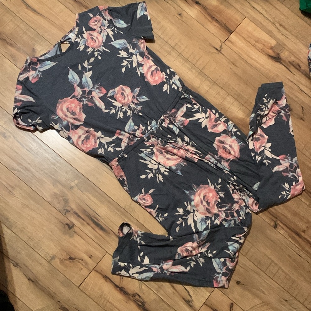 Tickled Teal Floral Jumpsuit in Charcoal and Coral